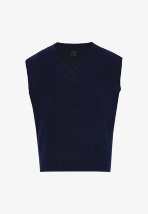 Marinblauer ärmelloser Pullover mit V-Ausschnitt, gerippten Kanten und weicher Textur, entworfen für eine taillierte Silhouette.