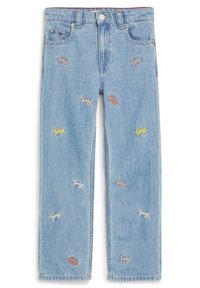 Světle modré džíny z denimu se střihem na rovné nohavice. Obsahují vícebarevné vyšívané logo rozmístěné po celém povrchu. Klasický styl s pěti kapsami.