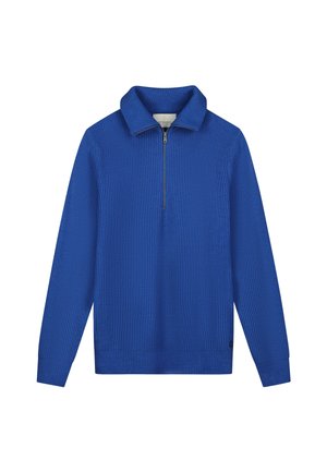 Kék bordázott pulóver negyedcipzárral és strukturált gallérral. Hosszú ujjakkal és testhezálló szegéllyel rendelkezik.