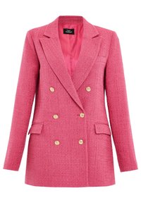Blazer rose à double boutonnage en tissu texturé, avec boutons dorés, revers crantés et une poche avant unique. Intérieur doublé.