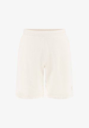 Bijele mrežaste atletske kratke hlače s teksturiranom površinom, elastičnom strukom i bočnim džepovima. Imaju mali logotip na donjoj desnoj strani.