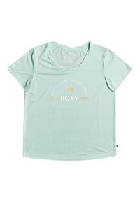 Světle mátově zelené tričko s kulatým výstřihem a krátkými rukávy. Na přední straně se nachází text "ROXY" a dekorativní grafika v bílé a zlaté barvě. Jemný materiál.