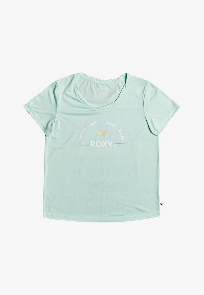 Světle mátově zelené tričko s kulatým výstřihem a krátkými rukávy. Na přední straně se nachází text "ROXY" a dekorativní grafika v bílé a zlaté barvě. Jemný materiál.