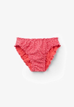 Korallfärgad simbrief tillverkad av texturerat material, med ett blommigt mönster, volangkanter och mjukt foder för komfort.