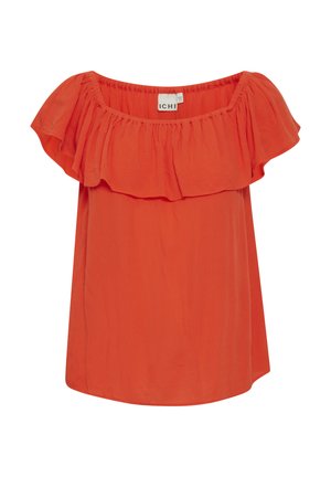Oranžna bluzica z volančki in brez naramnic, izdelana iz lahkega materiala. Ima sproščen kroj in ukrivljen rob. Oznaka blagovne znamke je vidna znotraj.