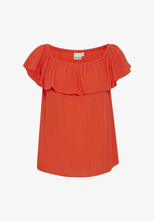Oranžna bluzica z volančki in brez naramnic, izdelana iz lahkega materiala. Ima sproščen kroj in ukrivljen rob. Oznaka blagovne znamke je vidna znotraj.