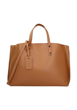 Borsa tote in pelle marrone con due manici superiori, tracolla rimovibile, etichetta e cuciture visibili. Finitura liscia con design minimalista.
