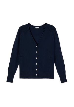 Granatowy kardigan z dekoltem w serek, z długimi rękawami, zapinany z przodu na sześć białych guzików, z prążkowanymi mankietami i dolnym brzegiem, ułożony płasko na białym tle.