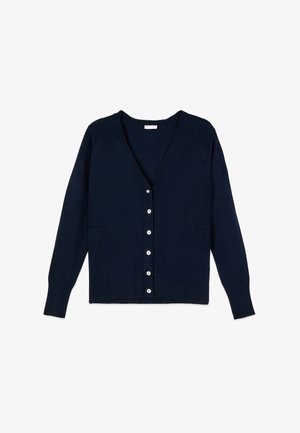 Granatowy kardigan z dekoltem w serek, z długimi rękawami, zapinany z przodu na sześć białych guzików, z prążkowanymi mankietami i dolnym brzegiem, ułożony płasko na białym tle.