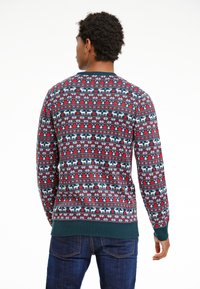 Adīts džemperis ar krāsainu Fair Isle rakstu, kas ietver sarkanas, zilas un baltas akcentus. Ribotie piedurknes un apakšdaļa ir izstrādāti vienkrāsainā zaļā krāsā.