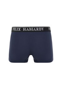 Boxers bleu marine avec une ceinture élastique noire portant l'inscription "FELIX HARDY" en blanc. Texture lisse, design ajusté et coutures minimales.