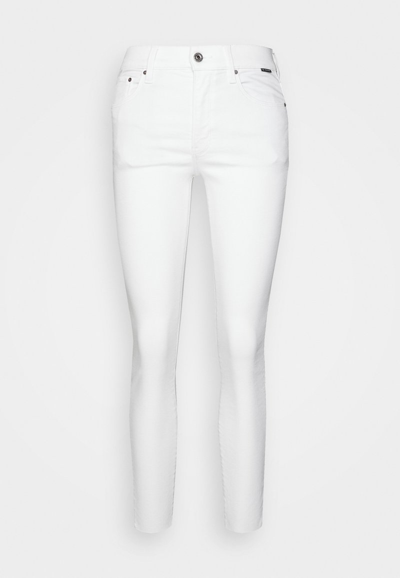 White denim jeans with a fitted design, featuring a front pocket, a metal button closure, and minimal stitching details. Smooth texture.