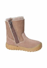 Botas de invierno de ante marrón claro para niños, con cremallera lateral, forro de piel de oveja y suela de goma texturizada.