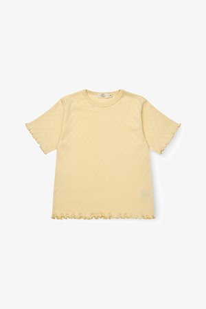 Hellgelbes kurzärmeliges Stricktop mit wellenförmigen Kanten an Ärmeln und Saum, durchgehend mit einem dezenten Strukturmuster versehen.