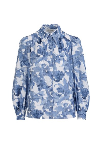 Long-sleeve blouse with blue floral pattern, button front, puffed shoulders, and pointed collar on white background.