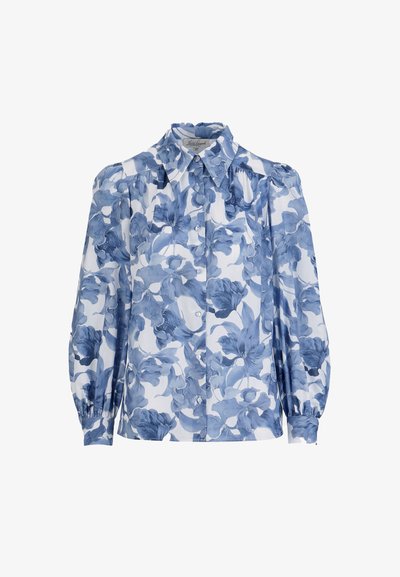 Long-sleeve blouse with blue floral pattern, button front, puffed shoulders, and pointed collar on white background.