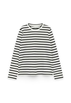Long-sleeve shirt in white and black horizontal stripes, round neck, soft fabric, with contrasting neck trim, simple design.