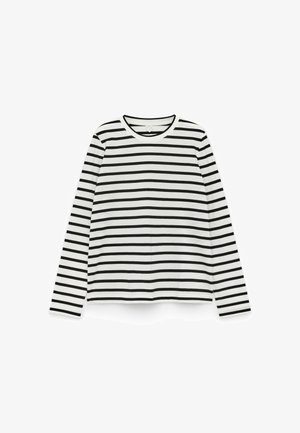 Langärmliges Shirt in Weiß und schwarzen horizontalen Streifen, Rundhalsausschnitt, weicher Stoff, mit kontrastierendem Kragenbesatz, schlichtes Design.