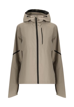 Beige waterdichte jas met capuchon, zwarte rits en rits op de borstzak, lange mouwen en verstelbare capuchonkoorden.