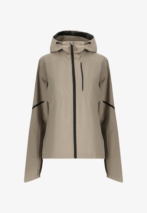 Beige wasserfeste Kapuzenjacke mit schwarzem Reißverschluss und Reißverschluss an der Brusttasche, langen Ärmeln und verstellbaren Kapuzenkordeln.