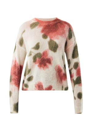 Suéter de punto floral en tela suave y ligera. Base color crema con patrones florales abstractos en rosa y verde. Cuello redondo y mangas largas.