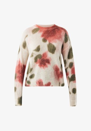 Floraler Strickpullover aus weichem, leichtem Stoff. Cremefarbene Basis mit pinken und grünen abstrakten Blumenmustern. Rundhalsausschnitt und lange Ärmel.