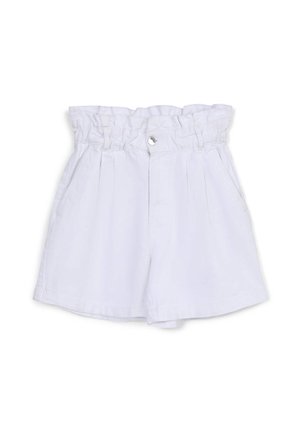 Shorts bianchi a vita alta con vita elastica arricciata, chiusura davanti con bottone, tasche laterali e dettagli plissettati.