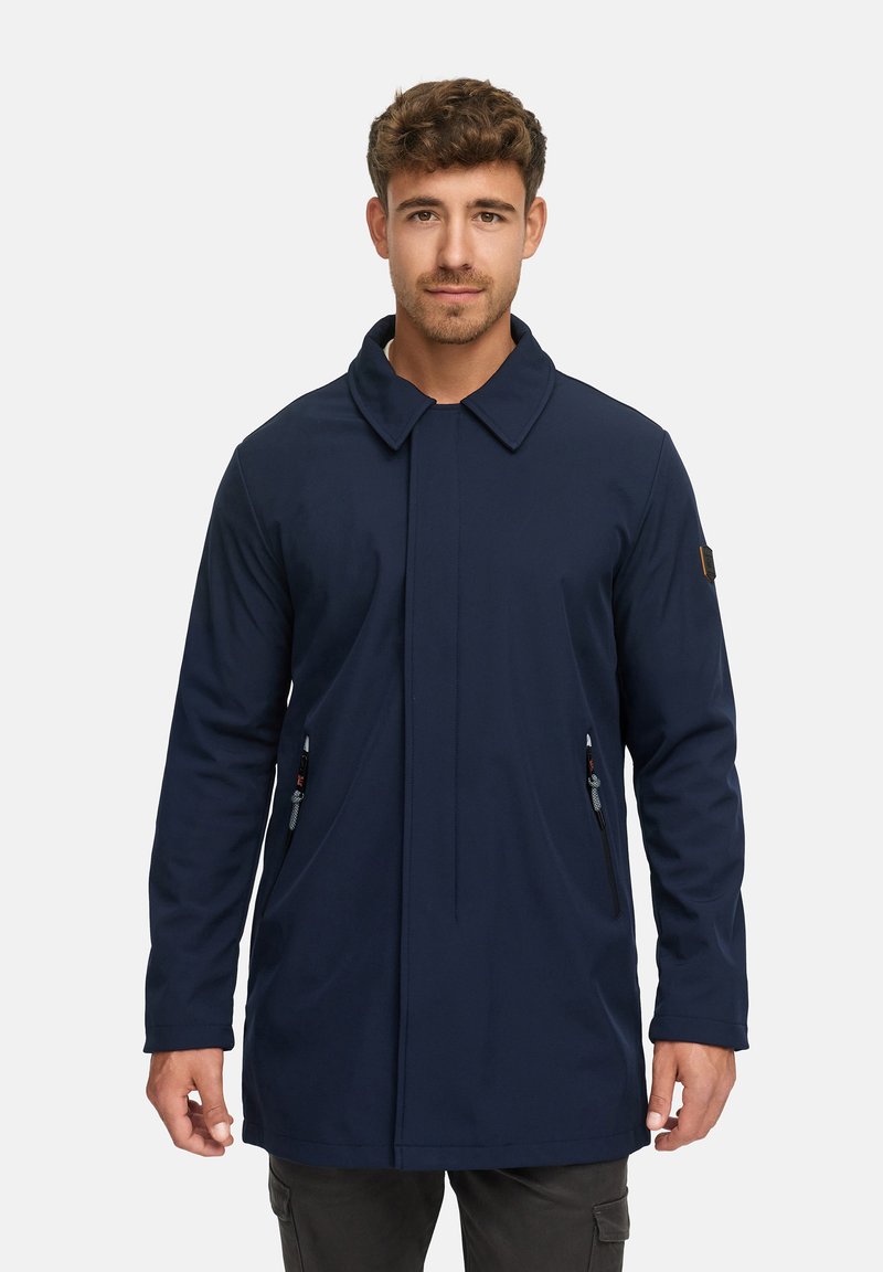 Marineblauer, langärmeliger Mantel mit Punktkragen, mit Reißverschluss versehenen Seitentaschen und geradem Schnitt, aus einem glatten, leichten Stoff gefertigt.