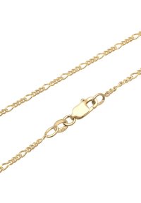 Collana a catena placcata in oro con anelli interconnessi, una superficie liscia e un sicuro gancio a moschettone con un marchio metallico.