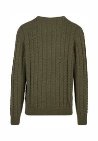 Oliwkowy sweter dzianinowy z prążkowaną strukturą i splotem warkoczowym, z okrągłym dekoltem oraz długimi rękawami. Widok z tyłu.