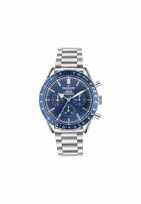 Chronograph watch with a blue dial, stainless steel case and bracelet, blue bezel, and white hour markers; features tachymeter scale.