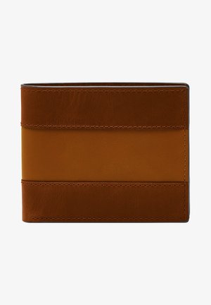 Brown leather wallet with two-toned design. Features a smooth texture, contrasting horizontal stripes, and visible stitching along edges.