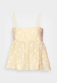 Top amarelo sem mangas com cintura franzida, apresentando padrões brancos em forma de gota e alças finas. Tecido leve.