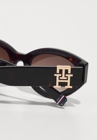 Brown-tinted sunglasses with thick, dark tortoiseshell frames, featuring a gold-tone logo on the side and striped details on the arms.