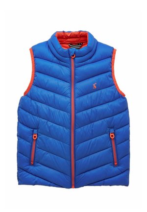 Niebieska kamizelka puchowa z pomarańczowym zamkiem błyskawicznym, akcentami na kieszeniach i podszewką od wewnątrz, z małym logo zwierzęcia na piersi.