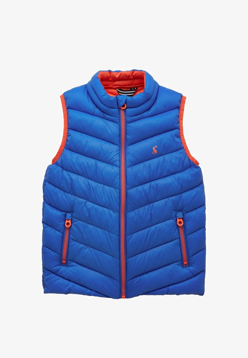 Niebieska kamizelka puchowa z pomarańczowym zamkiem błyskawicznym, akcentami na kieszeniach i podszewką od wewnątrz, z małym logo zwierzęcia na piersi.