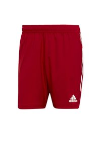 Rode sportieve shorts van lichtgewicht stof, met witte zijkanten en een elastische tailleband. Inclusief het Adidas-logo in het wit.