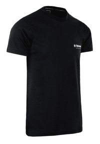 Black cotton t-shirt, short sleeves, crew neck. Features a small logo on the left chest area, with a smooth texture and standard fit.