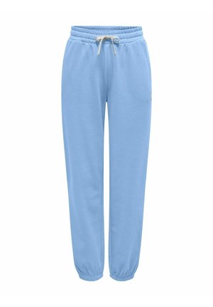 Svetlomodré tepláky s elastickým pásom, bielym sťahovacím šnúrkou, bočnými vreckami a elastickými patentmi na členkoch.