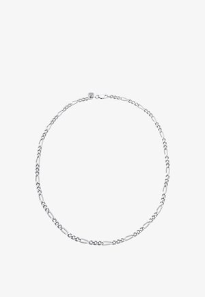 Collier en chaîne argentée avec des maillons alternés allongés et ronds, fermeture à mousqueton.