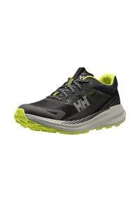 Zapatillas de correr para hombre en malla negra y gris, con una suela color verde lima, detalles texturizados y acentos reflectantes. Diseño ligero.