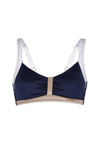 Bralette blu navy con fascia beige, centro arricciato e spalline regolabili bianche con hardware metallico. Tessuto liscio ed elastico.