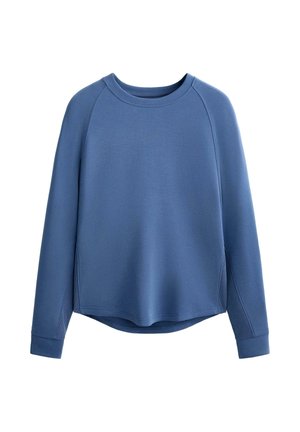 Blå sweatshirt med rund halsringning, långa raglanärmar, en något böjd nederkant och ribbade manschetter. Tillverkad av textil med struktur.