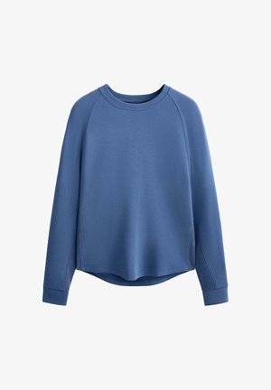 Blaues Sweatshirt mit Rundhalsausschnitt, langen Raglanärmeln, leicht abgerundetem Saum und gerippten Bündchen. Hergestellt aus strukturiertem Stoff.