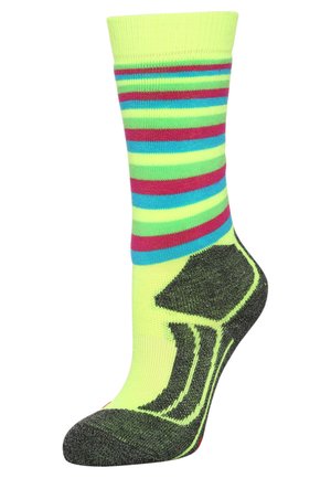 Gestreifte Socke mit leuchtend neonfarbenen Mustern in Grün, Blau und Rot, sowie einer strukturierten grauen Ferse und Zehen für zusätzlichen Halt und Komfort.