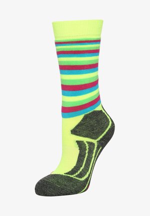 Gestreifte Socke mit leuchtend neonfarbenen Mustern in Grün, Blau und Rot, sowie einer strukturierten grauen Ferse und Zehen für zusätzlichen Halt und Komfort.