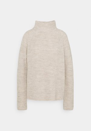 Beiger gestrickter Wollpullover mit Rollkragen, langen Ärmeln und einer strukturierten Rippenmuster, präsentiert auf einem schlichten hellen Hintergrund.