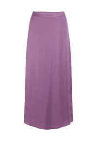 Paarse satijnen maxi-rok, met een soepele textuur, hoge taille en rechte snit. Het ontwerp is eenvoudig zonder patronen of versieringen.