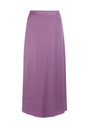 Paarse satijnen maxi-rok, met een soepele textuur, hoge taille en rechte snit. Het ontwerp is eenvoudig zonder patronen of versieringen.