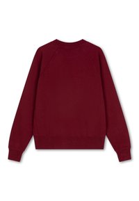 Bordeaux sweatshirt met lange raglanmouwen, ribgebreide boorden en zoom, een gladde textuur en een ronde halslijn. Eenvoudig ontwerp zonder versieringen.